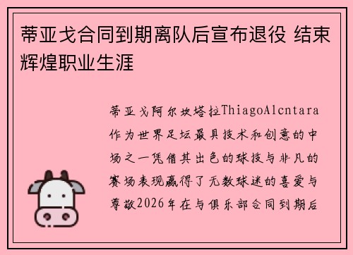 蒂亚戈合同到期离队后宣布退役 结束辉煌职业生涯